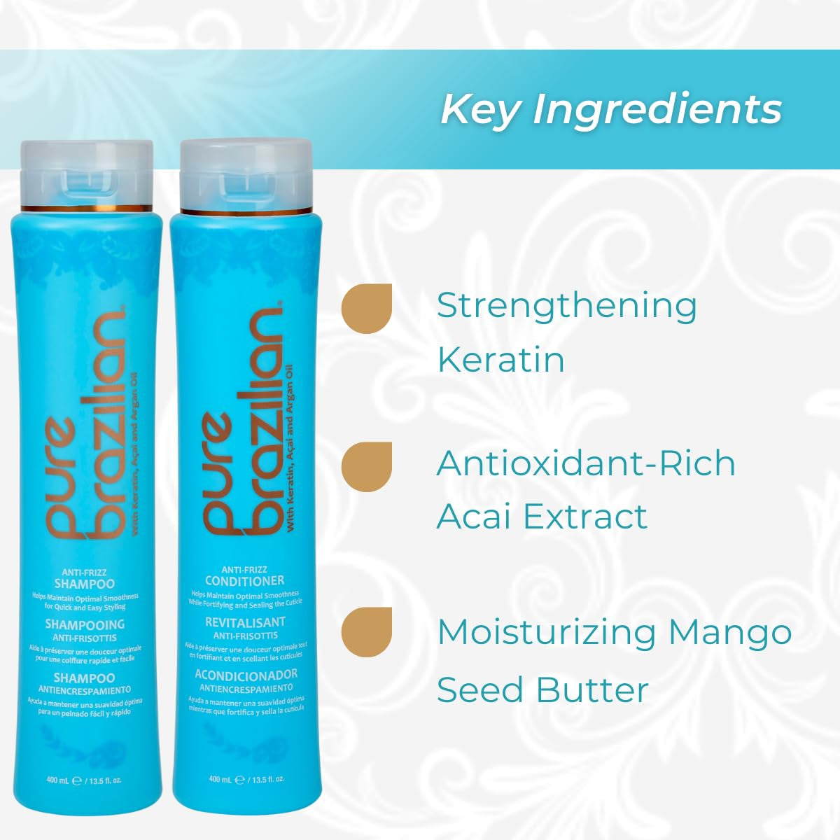 Anti-Frizz Daily Shampoo & Conditioner, Salt-Free & Color Safe, Enriched with Keratin, Argan Oil & Acai, 13.5 Ounce (400 Milliliter)