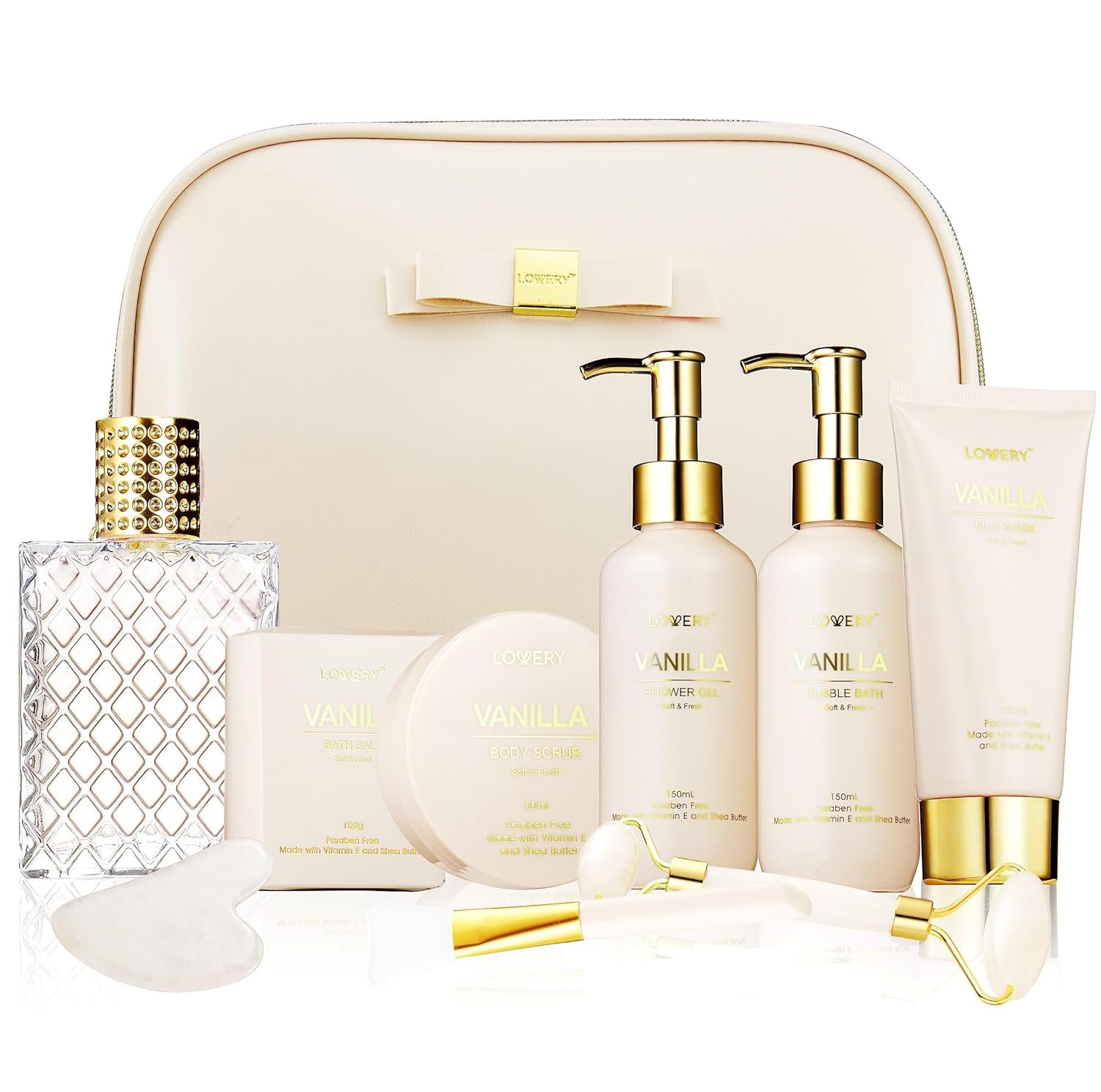 Gifts for Women, Vanilla Spa Gift Basket for Women - Self Care Kit Bath Set with Shower Gel, Bubble Bath, Perfume, Gua Sha, Jade Roller - Birthday Gift Set for Women, Mom, Mother'S Day