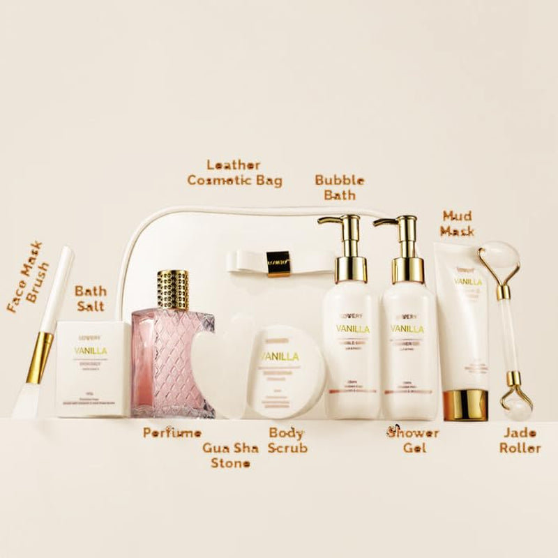 Gifts for Women, Vanilla Spa Gift Basket for Women - Self Care Kit Bath Set with Shower Gel, Bubble Bath, Perfume, Gua Sha, Jade Roller - Birthday Gift Set for Women, Mom, Mother'S Day