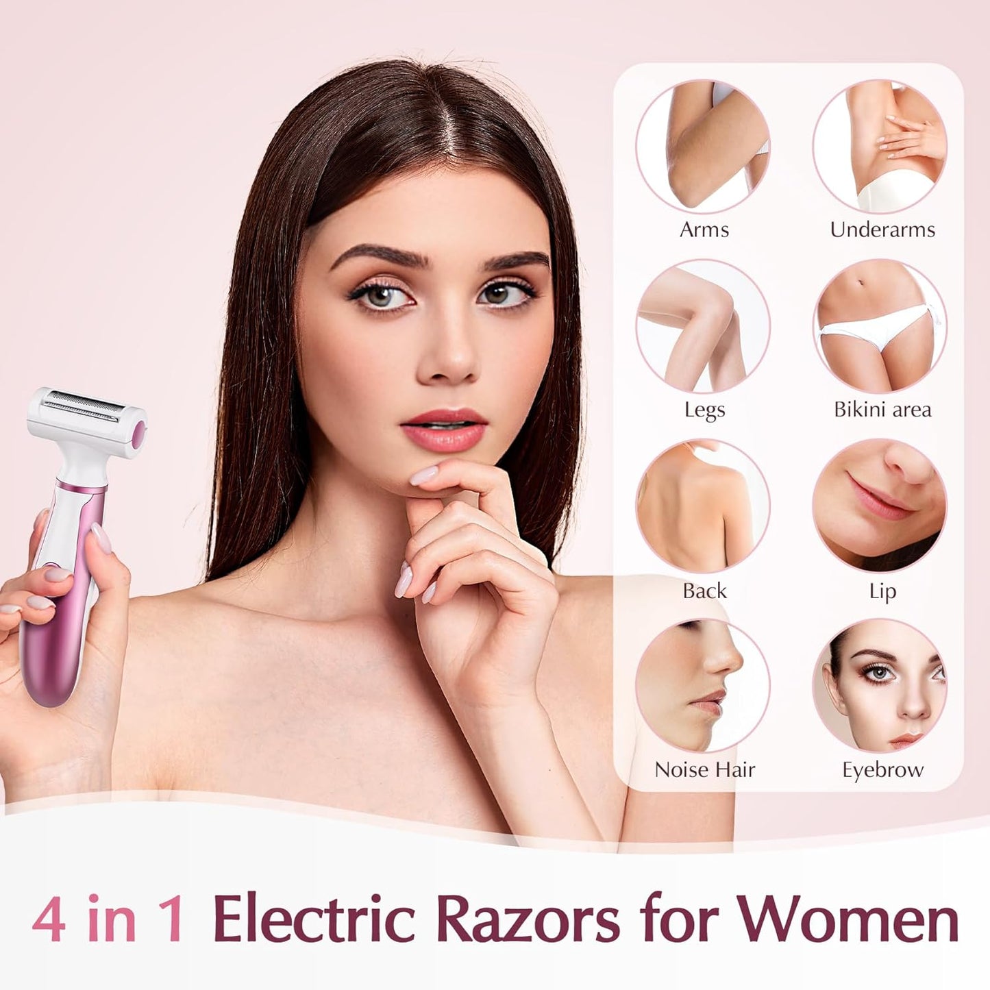 Electric Razors for Women, 4 in 1 Women Electric Shavers, Hair Trimmer for Women Pubic Hair, Legs, Arm, Underarm, Bikini, Face Shaver for Women, Rechargeable Hair Removal Epliators, Christmas Gifts